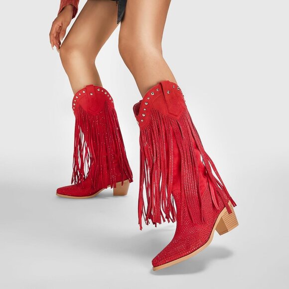 Red Rhinestone Cowgirl Boots Women Sparkly Western Mid Calf Chunky Heel Shoes - Picture 4 of 7